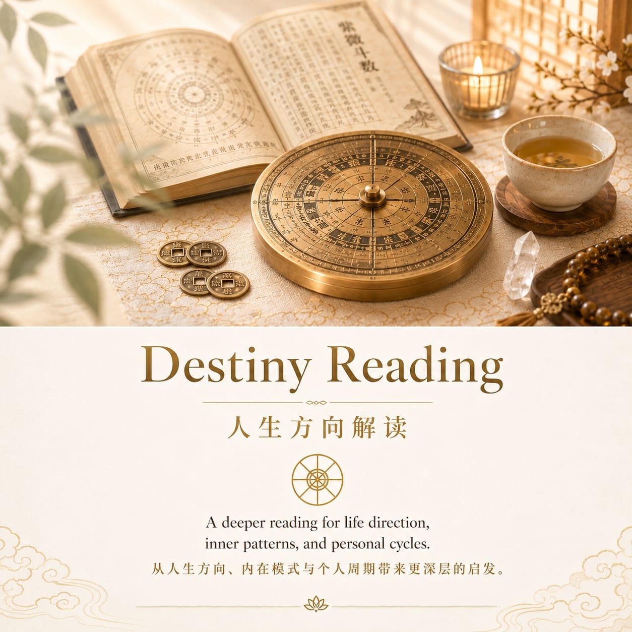 Destiny Reading service image featuring an I Ching book, feng shui compass, tea cup, coins, and spiritual tools for life path guidance.