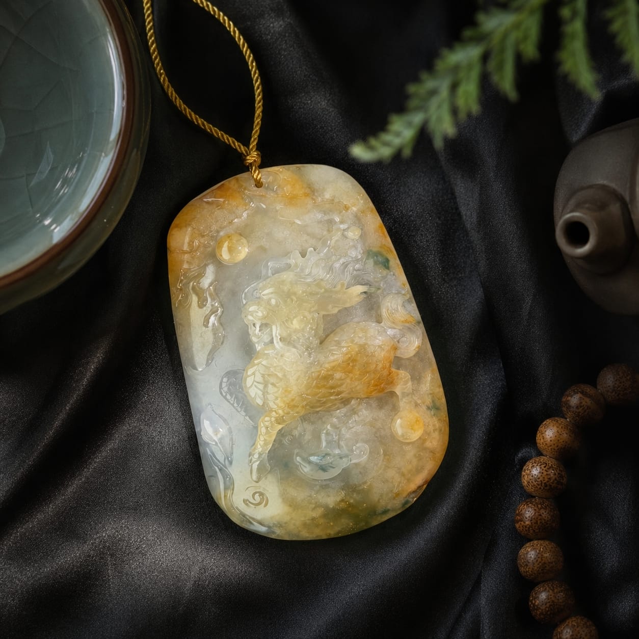 Premium Imperial Jade Qilin pendant displayed on a dark silk cloth alongside ceramic tea ware. Showcasing the pendant’s detailed craftsmanship, natural jade patterns, and golden-green highlights, conveying elegance, rarity, and symbolic energy.