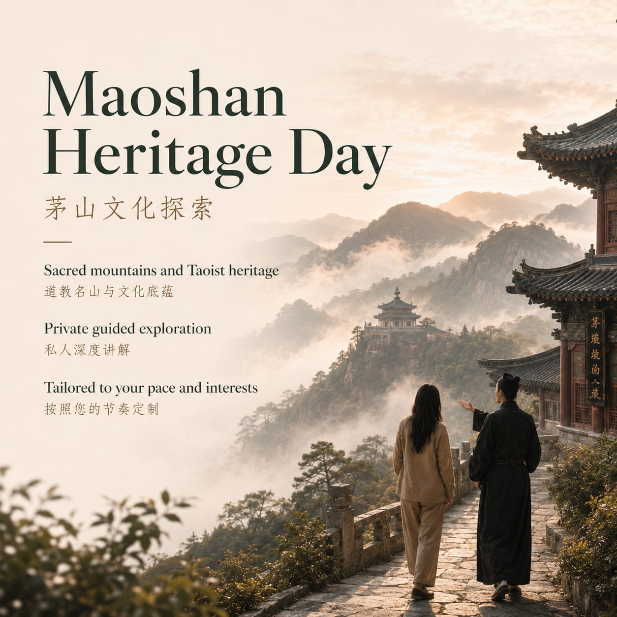 Bilingual product image for Maoshan Heritage Day, showing a private guided mountain journey with Taoist architecture, misty scenery, sacred mountain heritage, and a customized cultural travel experience.