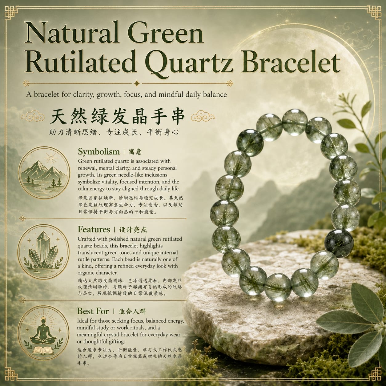 Product information graphic for a natural green rutilated quartz bracelet, highlighting its symbolism, features, and suitability for focus, growth, and mindful daily balance.