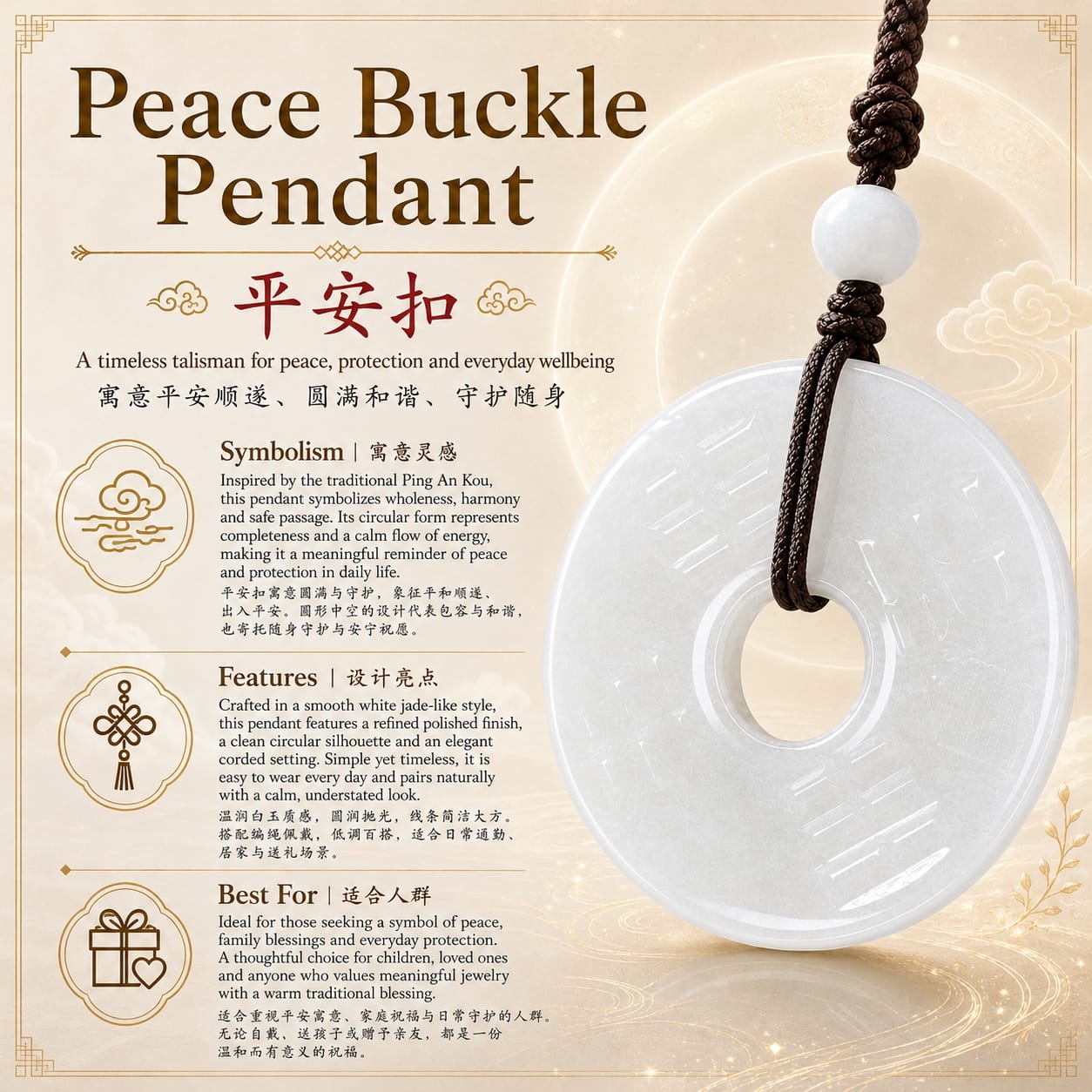 Product information card for the white Hetian jade Peace Buckle Pendant, featuring its symbolism, carved details, gift-ready design, and wellness meaning.