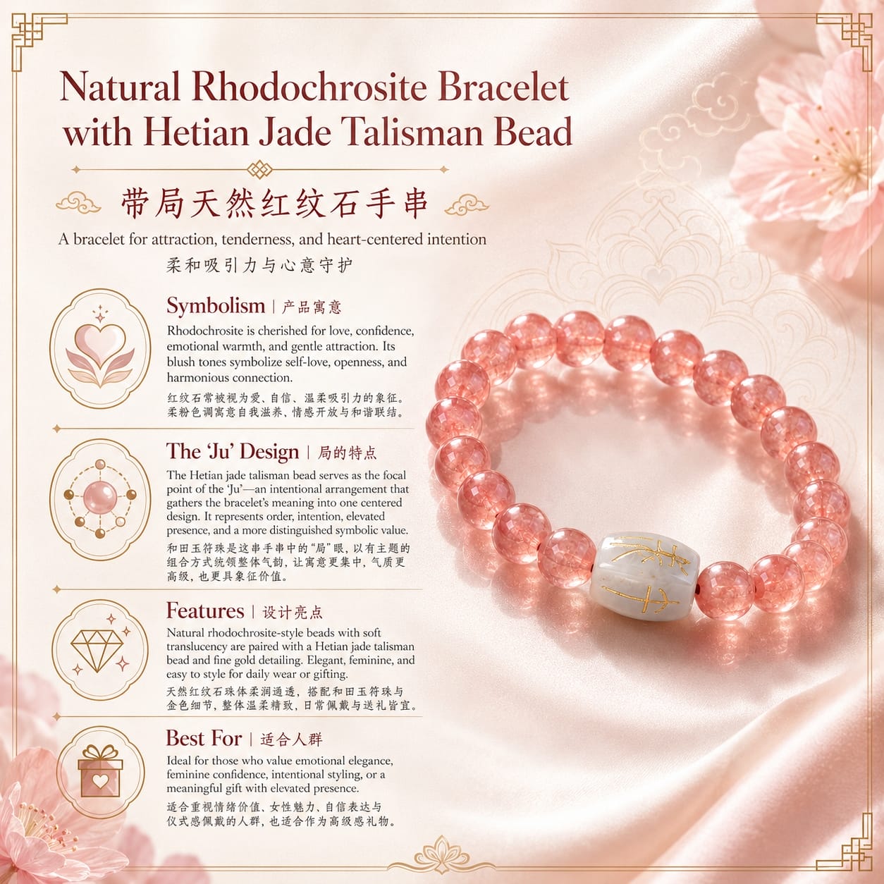 Informational graphic for Natural Rhodochrosite Bracelet with Hetian Jade talisman bead, showing product details, symbolic meaning, and descriptive icons on a soft pink background.