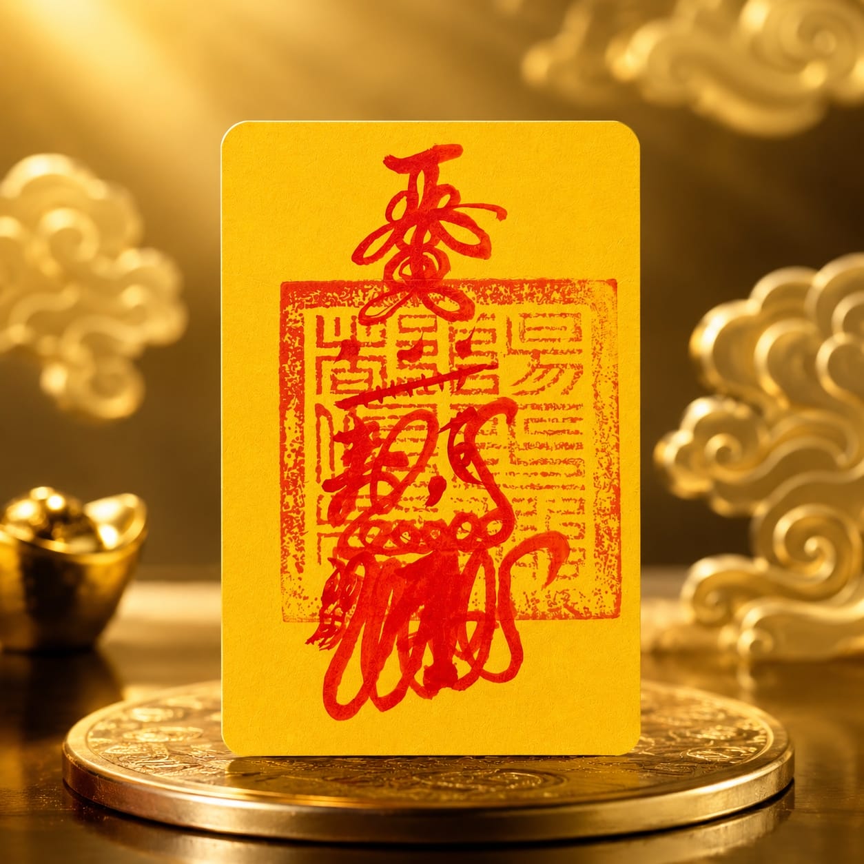 A single yellow hand-drawn Wealth Talisman with red ink markings standing upright on a golden pedestal, surrounded by traditional Taoist props and ambient warm lighting. Highlights the detailed brushwork, seal block, and symbolic nature of the talisman.