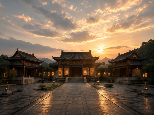 Golden sunset view of a Taoist temple courtyard representing the 1-Day Essential Journey, including temple ritual experience, KISMAEL Taoist culture lecture, premium lunch and dinner, and private SUV transfers.