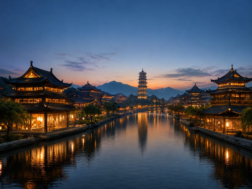 Evening view of a Taoist-inspired lakeside cultural retreat, representing the 3-Day Taoist Retreat Journey with Day 1 core experience, customized Day 2 and Day 3 experiences, premium dining, accommodation, and private transfers.