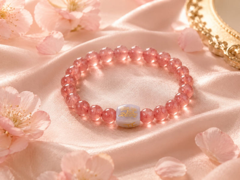 Natural Rhodochrosite bracelet with Hetian jade talisman bead displayed on soft pink satin with flower petals, emphasizing feminine elegance, heart-led confidence, and refined daily intention.