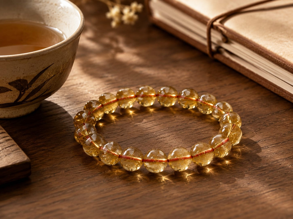 Natural Citrine Abundance Bracelet on a wooden table next to a ceramic tea cup and notebook, highlighting the bracelet’s polished golden-yellow beads and subtle red-orange string.