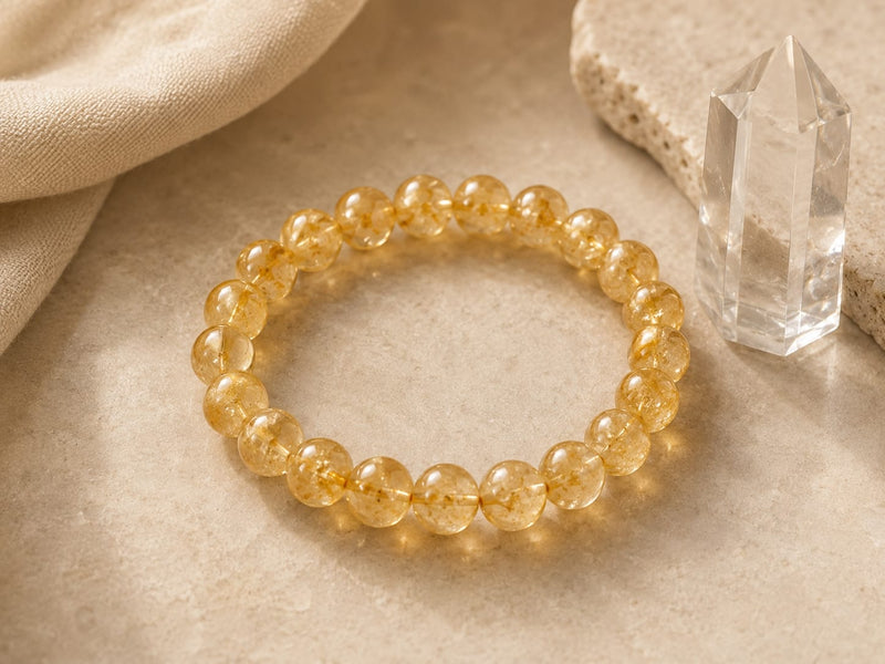 A natural citrine bracelet arranged on a soft beige fabric, emphasizing the round beads’ luminous golden color and symbolic connection to abundance and positivity.