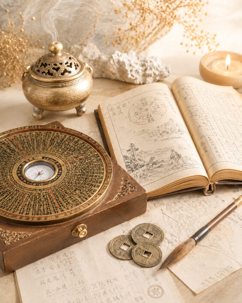 Traditional Chinese oracle tools with a feng shui compass, ancient book, incense burner, coins, and candlelight for Liu Ren and Qi Men Dun Jia symbolic guidance.