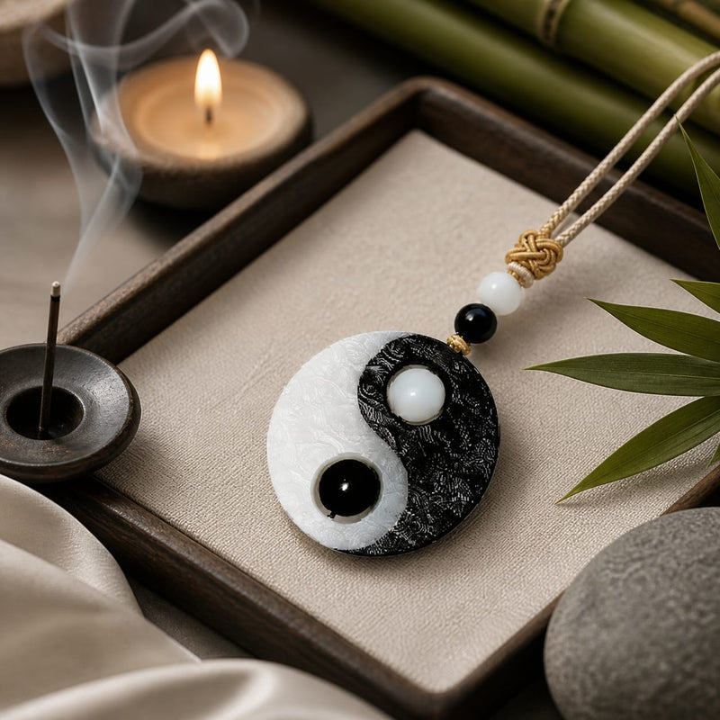 Taiji Yin Yang pendant displayed on a Zen-inspired tray with candlelight and incense smoke, highlighting the harmonious black-and-white design and gold braided cord.