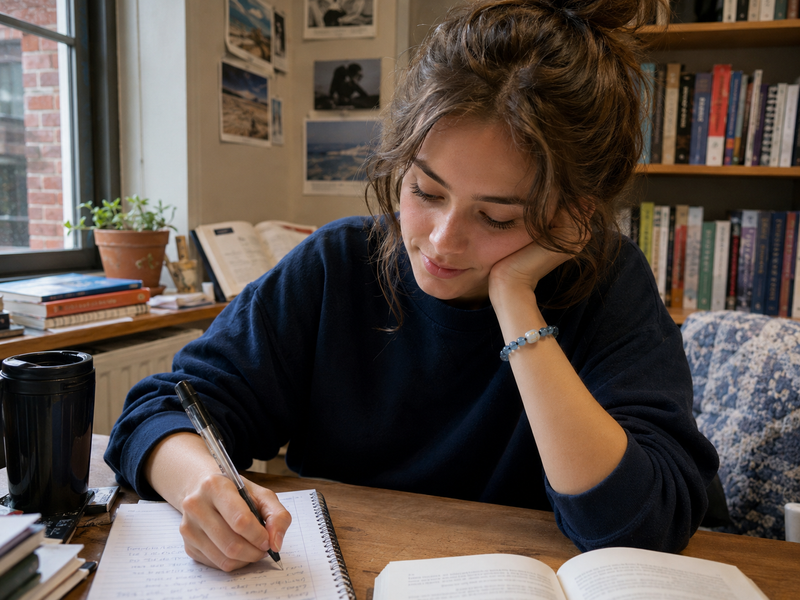 A  female student wearing a Natural Aquamarine Bracelet with a Hetian jade “San He Water” charm, studying at a desk with books and notes, representing focus and steady communication before presentations and exams.