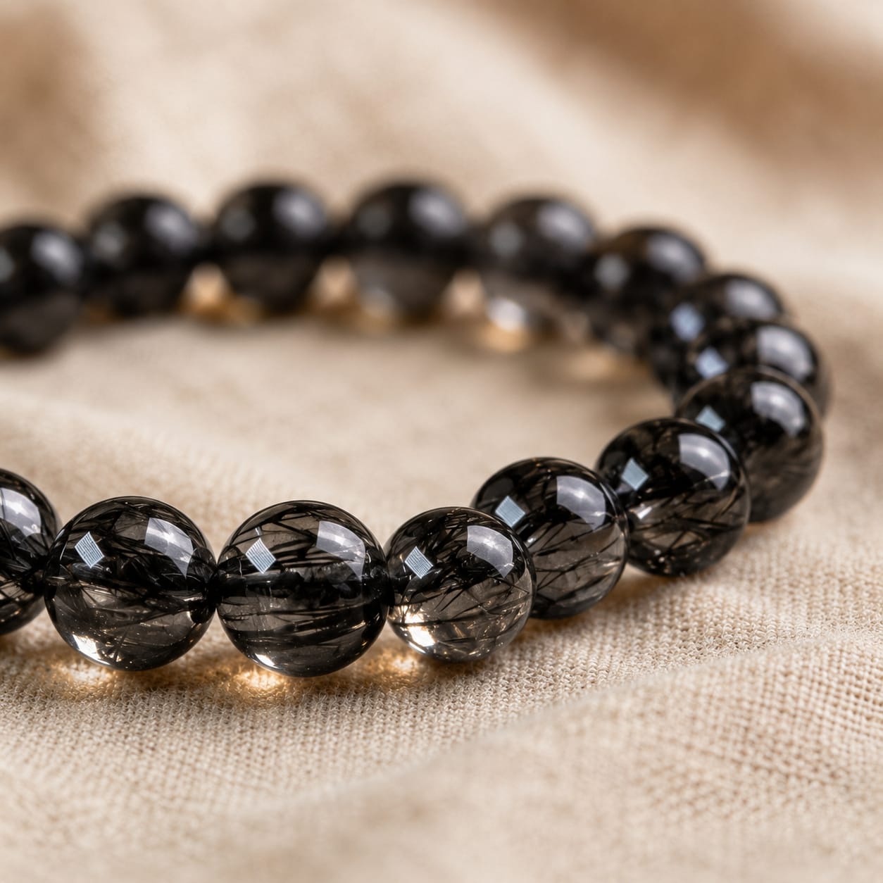 Close-up of a Natural Black Rutilated Quartz Bracelet resting on a soft beige linen surface, showing the polished smoky beads and their unique black needle-like inclusions.