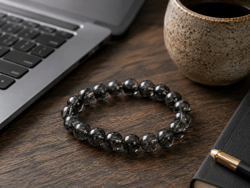 Natural Black Rutilated Quartz Bracelet placed on a dark wooden desk beside a laptop, ceramic cup, and notebook, showing smoky translucent beads with black needle-like inclusions in a calm workspace setting.