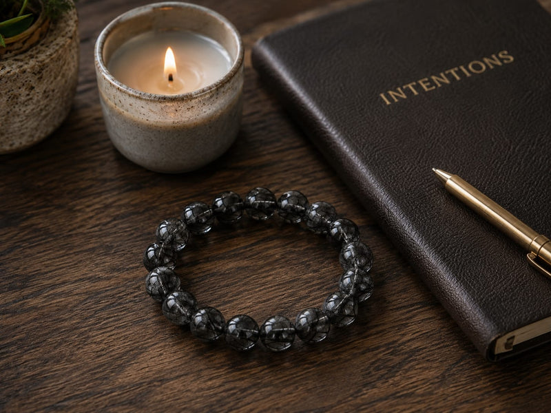Natural Black Rutilated Quartz Bracelet displayed on a wooden surface beside a lit candle, pen, and an intention journal, creating a grounding and mindful morning ritual scene.