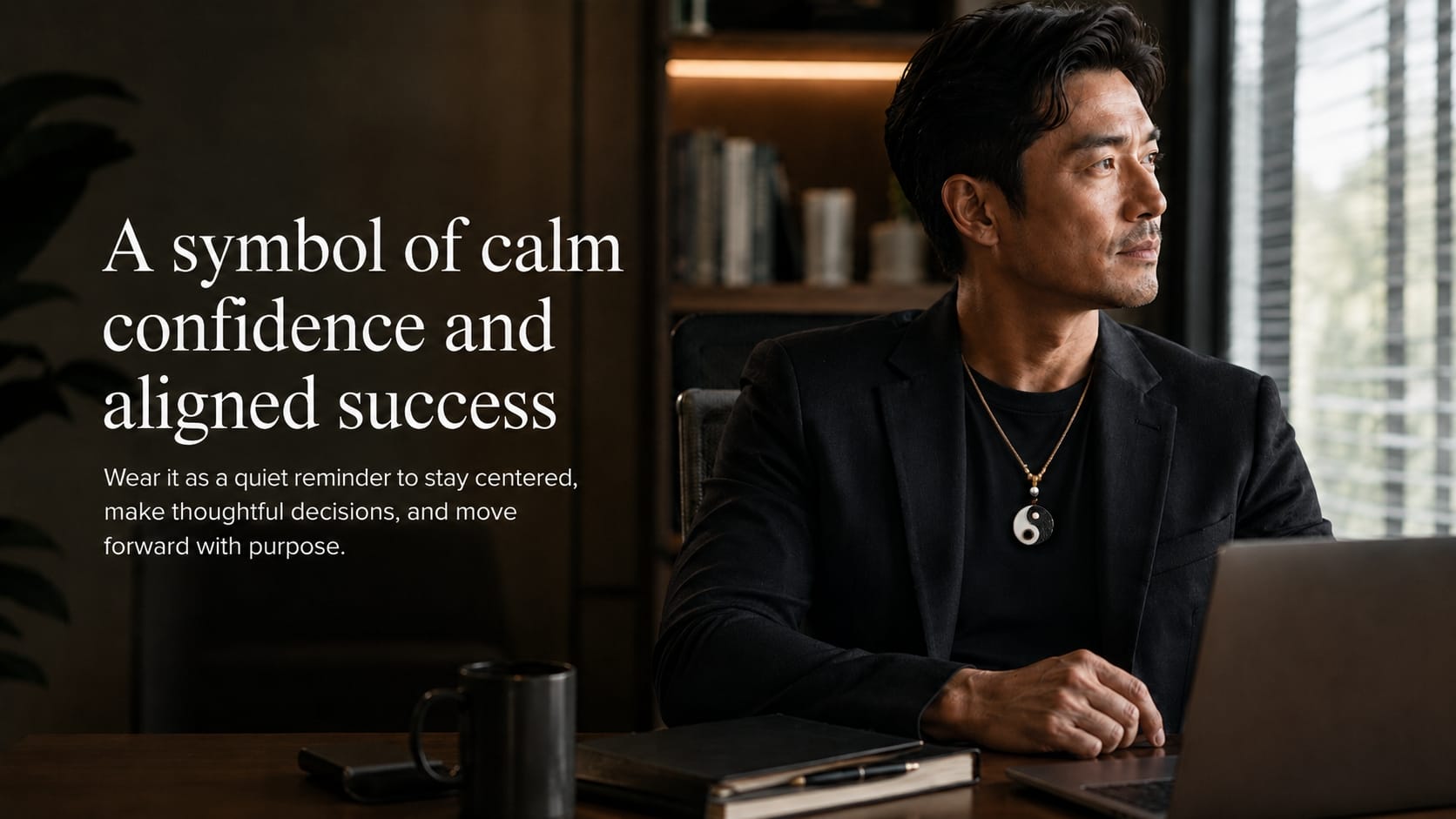 Stylish adult man wearing a Taiji Yin Yang pendant over a black shirt and blazer, sitting at a desk with laptop and notebook in a modern office, conveying calm confidence, focus, and aligned professional success.