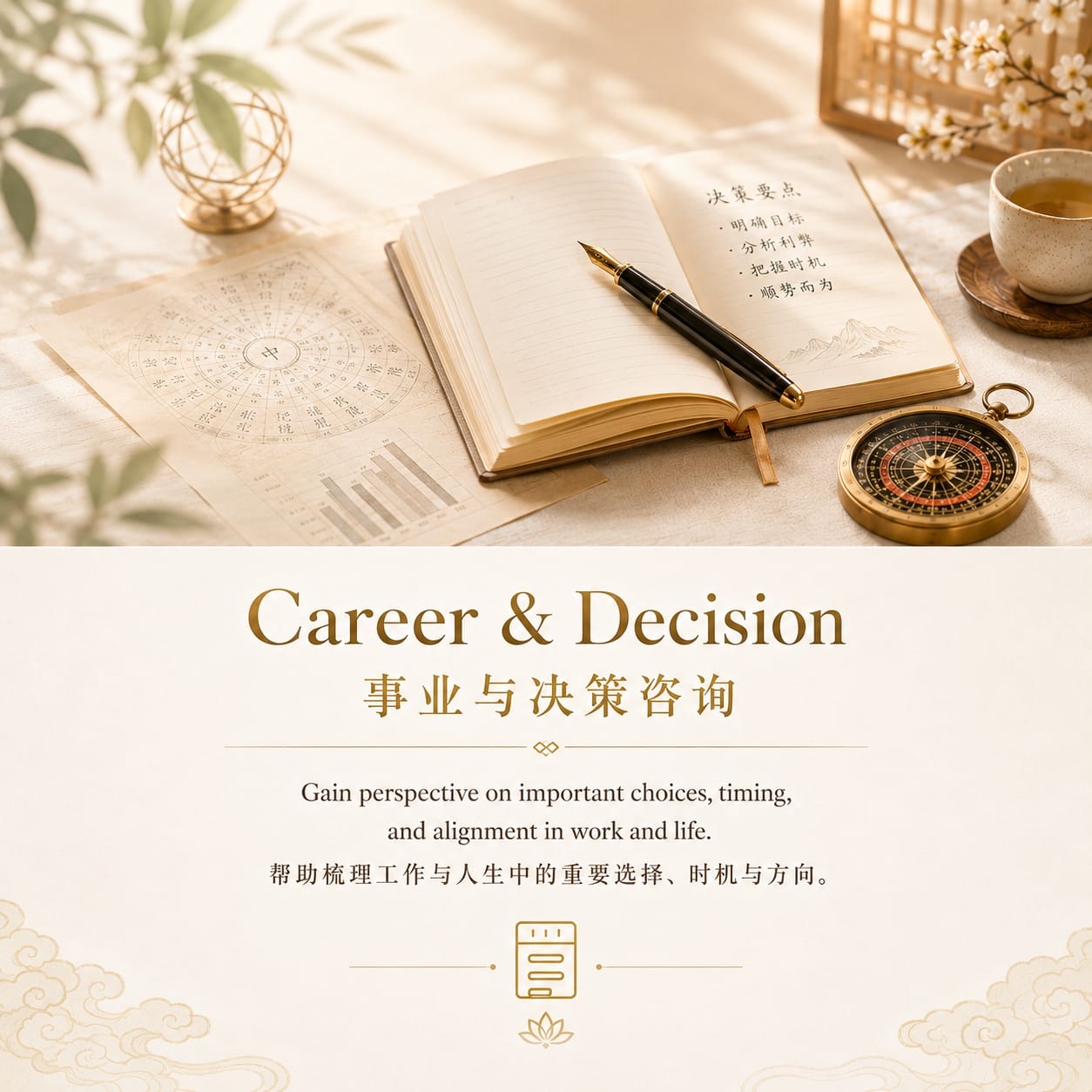 Career & Decision reading image featuring an open notebook, pen, compass, tea cup, and Eastern wisdom design for work and decision guidance.