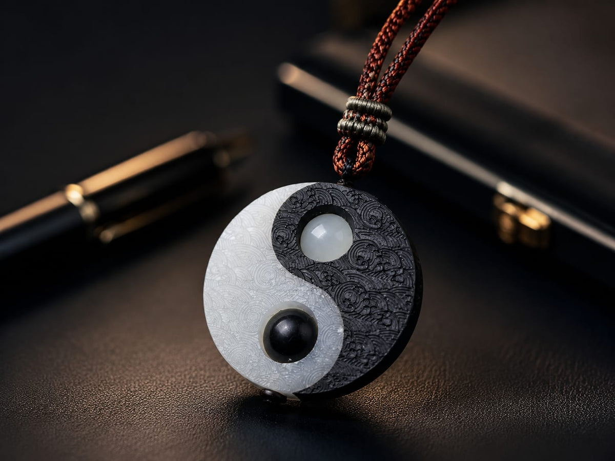 Close-up of a Taiji Yin Yang pendant on a dark premium surface with soft lighting, highlighting the black and white carved texture and symbolic balance design.