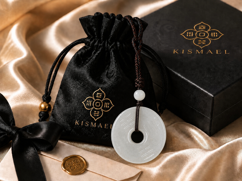 White Hetian jade Peace Buckle Pendant shown with Kismael gift box, branded pouch, ribbon, and envelope for a complete gift-ready presentation.