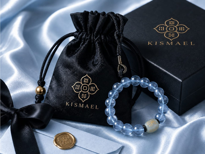 Natural Aquamarine Bracelet displayed with a signature KISMAEL black presentation box and pouch, showcasing the luxurious packaging designed for gifting and safekeeping.