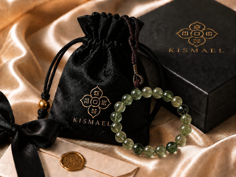 Green rutilated quartz bracelet displayed with KISMAEL pouch, gift box, ribbon, and care card for a complete premium gift presentation.