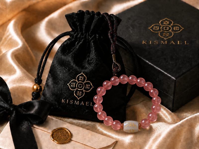 Rhodochrosite bracelet with white Hetian jade San He Formation charm displayed with black KISMAEL gift pouch, presentation box, satin ribbon, and gold seal on champagne satin fabric.