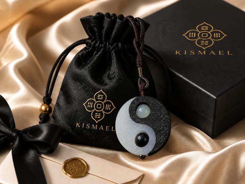 Taiji Yin Yang pendant shown with KISMAEL black pouch, gift box, ribbon, care card, and gold accents for a premium gift-ready presentation.