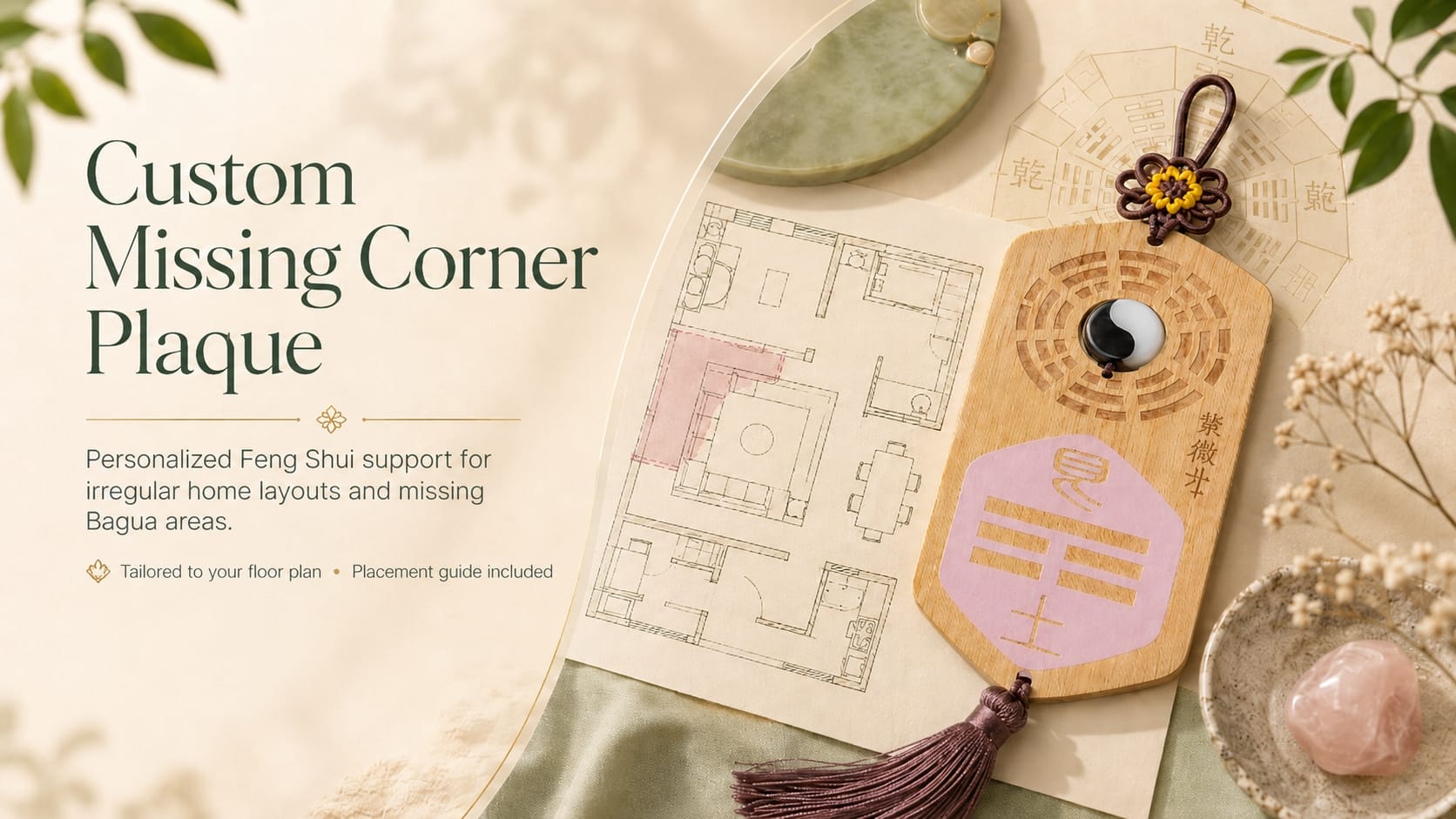 A personalized Feng Shui missing-corner plaque resting on a home floor plan. The wooden plaque features a yin-yang center, carved Bagua design, and a purple tassel, highlighting its purpose for supporting irregular or missing Bagua areas in a home. Nearby, decorative crystals and soft textiles create a calm, intentional setting.