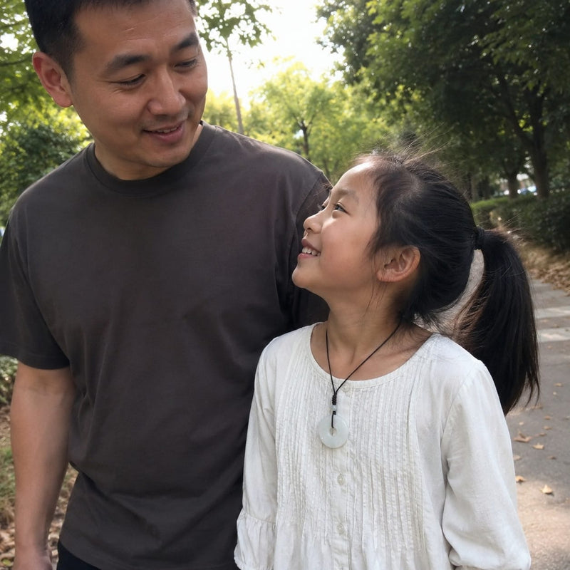 Overseas Chinese father and daughter walking outdoors, with the child wearing a white Hetian jade Peace Buckle Pendant as a meaningful symbol of safety, calm, and family care.