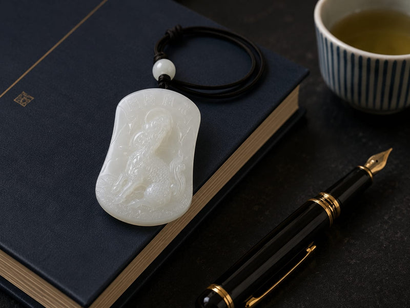 Water Qilin jade pendant placed on top of a dark hardcover book, next to a black and gold fountain pen and a small ceramic tea cup. The scene is styled to suggest a calm study or focus ritual.