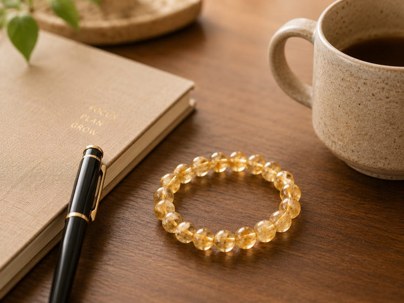 Citrine bracelet placed on a desk next to a notebook, pen, and ceramic mug, styled to suggest focus, clarity, and abundance during work or study.