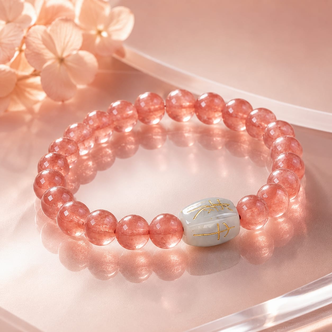 Natural Rhodochrosite Bracelet with Hetian Jade talisman bead resting on a reflective surface with soft pink flowers and pearls, showcasing luminous blush tones.