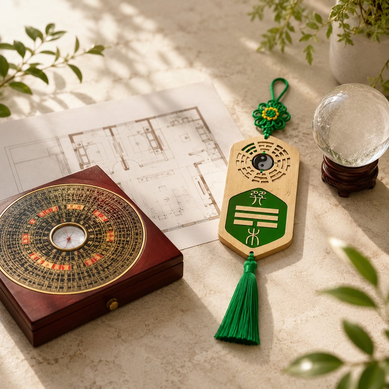 A Feng Shui workspace scene with a traditional compass, a green Feng Shui hanging charm, a crystal sphere, and a home floor plan on a cream tabletop, symbolizing home energy analysis and spatial balance.