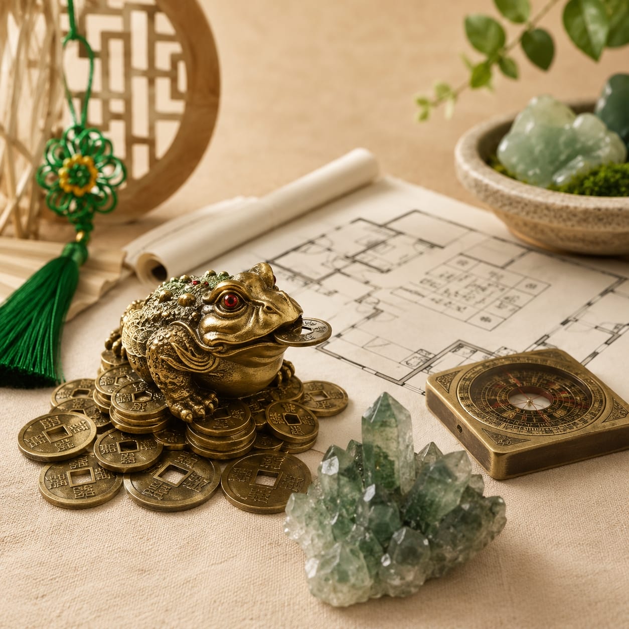 A Feng Shui display featuring a golden money frog (Pi Xiu) sitting on Chinese coins, a Feng Shui compass, green crystal cluster, a hanging charm, and a floor plan in the background, representing prosperity, protection, and energy balance.