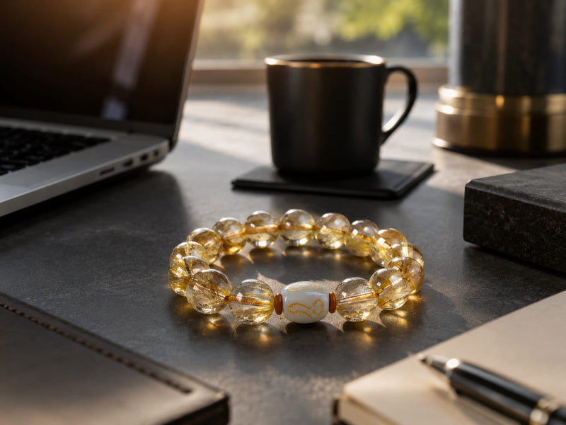 A Golden Rutilated Quartz bracelet with a San He Metal Formation charm sits on a sleek black desk alongside a coffee cup, laptop, and notebook, symbolizing a morning ritual to begin the day with clarity, ambition, and grounded confidence.