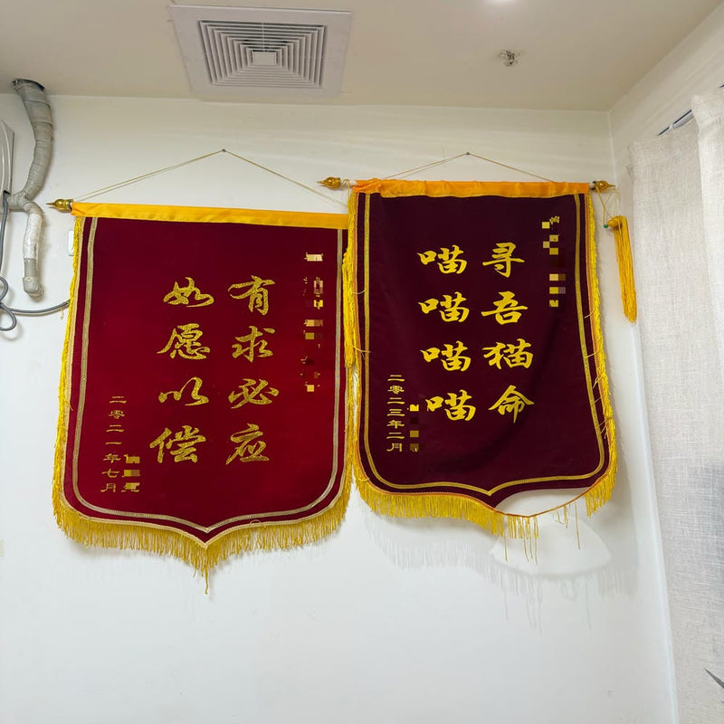 Two red and gold banners hanging on a white wall, celebrating the recovery or well-being of a beloved pet, shown with clear Chinese characters and decorative tassels.