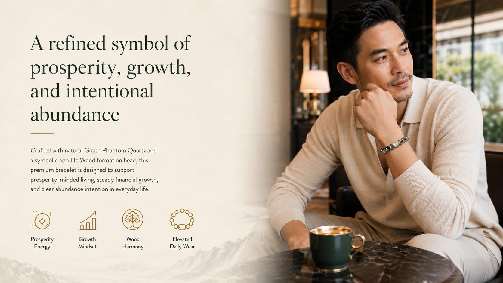 A stylish Asian male wearing a Green Phantom Quartz Bracelet with a symbolic San He Wood formation bead, seated at a luxury café table. The banner highlights prosperity, financial growth, and intentional abundance with elegant icons for Prosperity Energy, Growth Mindset, Wood Harmony, and Elevated Daily Wear. The setting includes a coffee cup and sophisticated interior, creating a refined lifestyle ambiance.