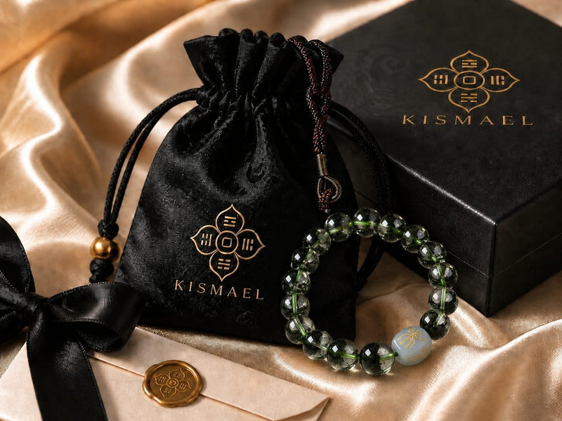 Green Phantom Quartz Bracelet displayed with a black KISMAEL gift box and velvet pouch, highlighting its luxury packaging, gifting value, and refined presentation.