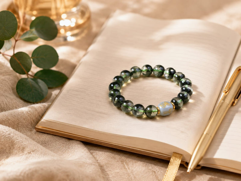 Green Phantom Quartz Bracelet with Hetian jade formation charm resting on an open journal with soft natural light, symbolizing focused clarity, goal setting, and intentional prosperity growth.