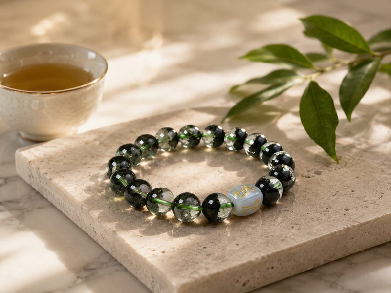Green Phantom Quartz Bracelet with Hetian jade formation charm placed on a marble tray beside tea and green leaves, symbolizing morning abundance, growth, and prosperity intention.