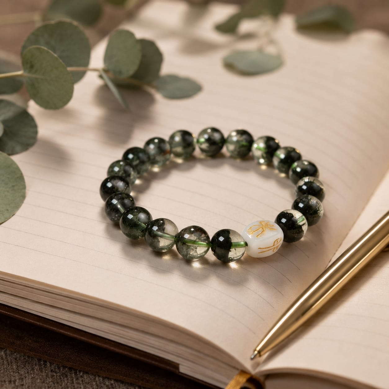Green Phantom Quartz Bracelet displayed on an open notebook with a pen, emphasizing its craftsmanship and symbolic San He Wood formation bead.
