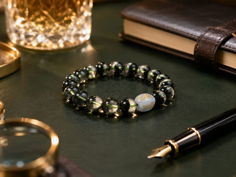 Green Phantom Quartz Bracelet with Hetian jade charm displayed on a dark green surface beside a notebook, fountain pen, and magnifying glass, representing business focus, opportunity, and prosperity energy.