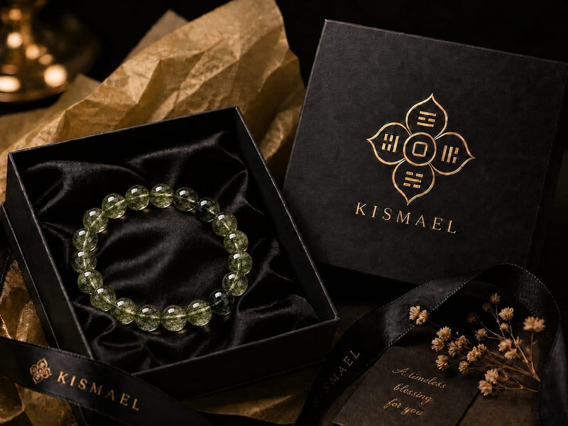Natural green rutilated quartz bracelet presented inside a black KISMAEL gift box with satin lining and elegant branded packaging.