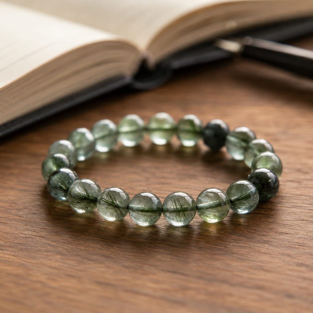 Natural green rutilated quartz bracelet placed on a wooden study desk with an open book, highlighting its translucent green beads and focus-inspired design.