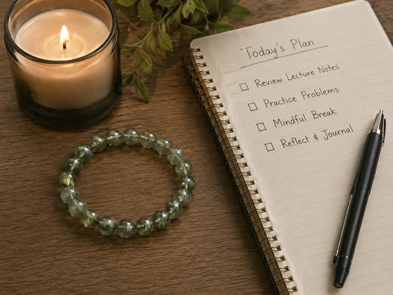 Green rutilated quartz bracelet placed beside a candle, notebook, and pen as a mindful desk-side companion for study and planning.