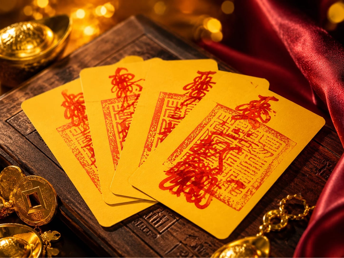 A set of hand-drawn Taoist Wealth Talismans on a dark textured surface, featuring a single upright yellow talisman with red brush calligraphy in front and four fanned talismans behind. Surrounded by bronze coins, incense burner, and a black prayer bead bracelet, highlighting the handcrafted red ink details and traditional prosperity symbolism. Warm lighting emphasizes the rich yellow card and vibrant red markings, creating a premium spiritual product presentation.