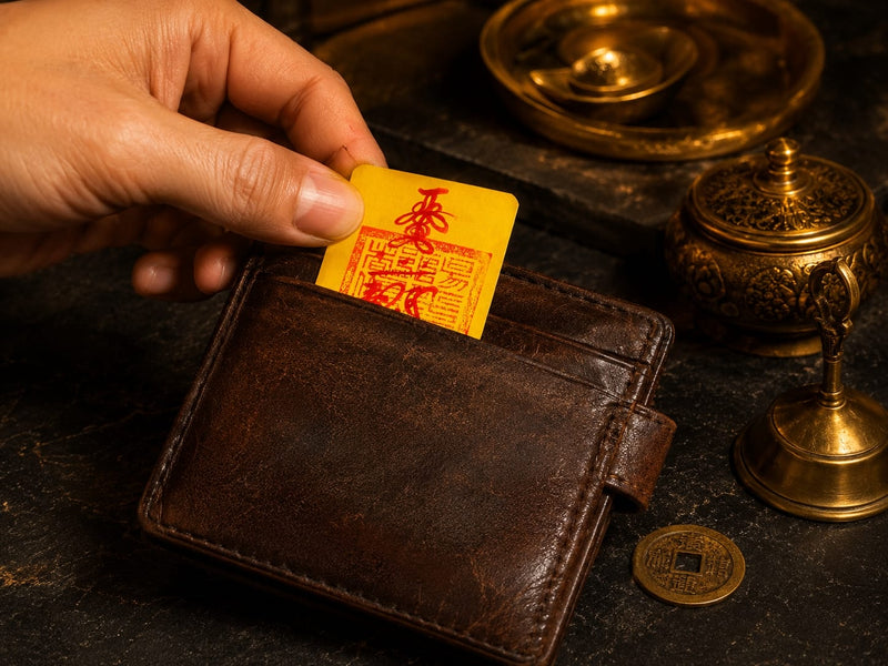 A hand placing a yellow hand-drawn Wealth Talisman with red ink calligraphy into a brown leather wallet. Bronze coins and Taoist-inspired ritual objects are arranged around it, highlighting the talisman’s compact 100 × 60 mm size and handmade detail. Warm ambient lighting enhances the premium spiritual feel.
