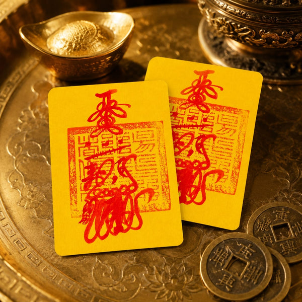 Two yellow hand-drawn Wealth Talismans with red ink symbols placed on a brass tray alongside traditional Chinese prosperity coins and a gold ingot. The warm lighting highlights the handcrafted red brush strokes and the talismans’ textured paper, creating a premium Taoist-inspired composition.