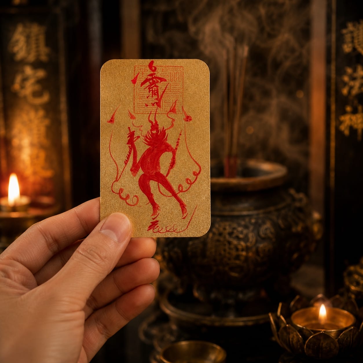 Close-up of a hand holding the Wang Lingguan talisman, positioned in a traditional Taoist altar setting, highlighting portability for personal protection and mindful presence.
