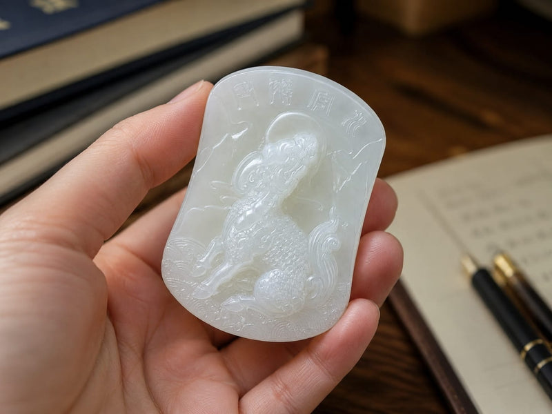 Close-up of a hand holding the Water Qilin jade pendant. The pendant’s detailed qilin carving and smooth polished surface are in clear view, placed above a notebook with a fountain pen nearby.