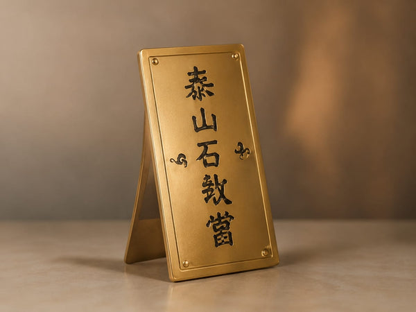A gold-colored Feng Shui hanging charm standing on a neutral surface, symbolizing prosperity, protection, and energy shielding.